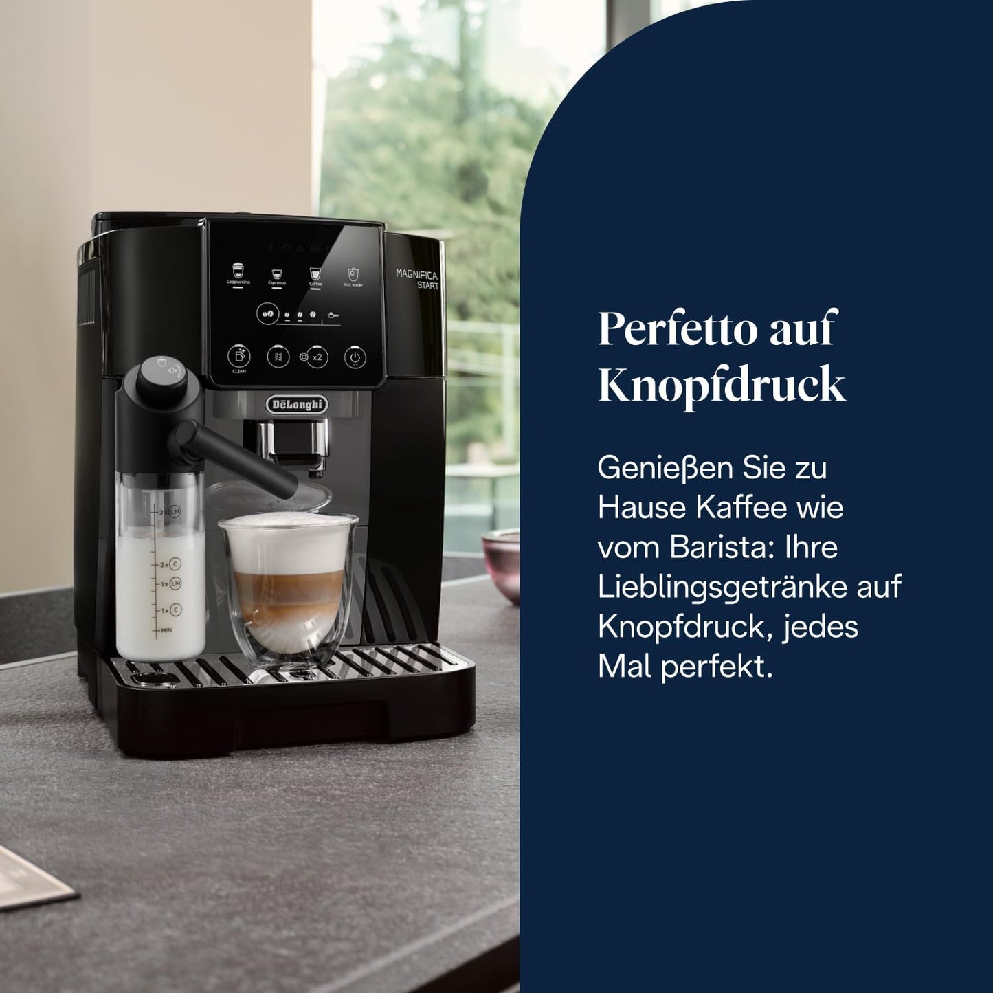 De’Longhi Magnifica Start - Perfetto Kaffeevollautomat mit LatteCrema-Milchaufschäumer, 4 One-Touch-Getränke, Cappuccino Kaffeemaschine, Soft-Touch-Bedienfeld, Schwarz-Grau (ECAM222.60.BG)