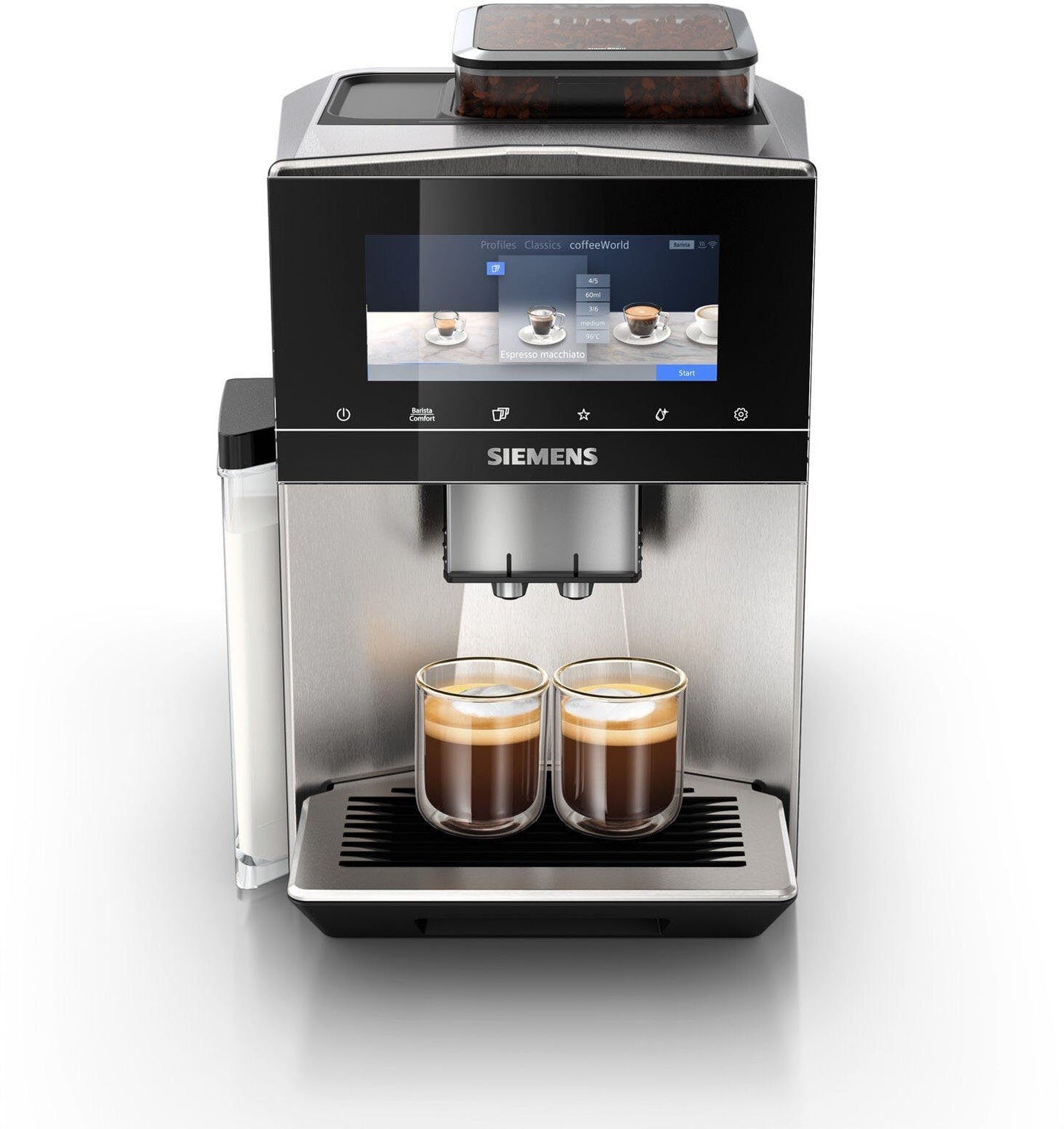 Kaffeevollautomat EQ900 TQ903D43 aus Edelstahl mit intuitivem 6,8-Zoll-TFT-Display, Geräuschreduzierung, Steuerung über eine App, Barista-Modus, AromaSelect-Funktion und drei individuellen Profilen.