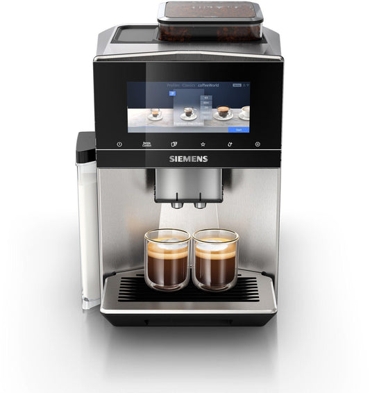 Kaffeevollautomat EQ900 TQ903D43 aus Edelstahl mit intuitivem 6,8-Zoll-TFT-Display, Geräuschreduzierung, Steuerung über eine App, Barista-Modus, AromaSelect-Funktion und drei individuellen Profilen.