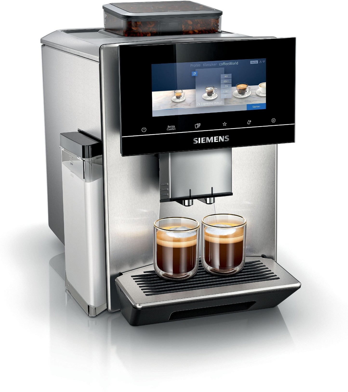 Kaffeevollautomat EQ900 TQ903D43 aus Edelstahl mit intuitivem 6,8-Zoll-TFT-Display, Geräuschreduzierung, Steuerung über eine App, Barista-Modus, AromaSelect-Funktion und drei individuellen Profilen.
