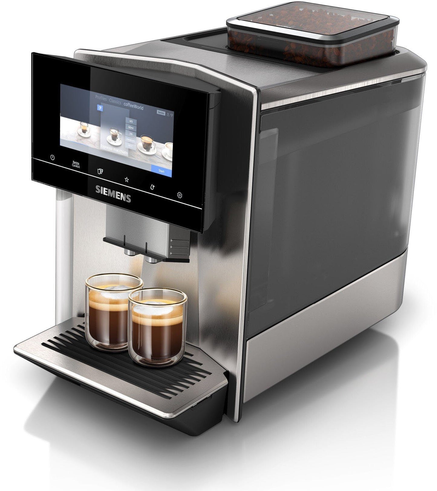 Kaffeevollautomat EQ900 TQ903D43 aus Edelstahl mit intuitivem 6,8-Zoll-TFT-Display, Geräuschreduzierung, Steuerung über eine App, Barista-Modus, AromaSelect-Funktion und drei individuellen Profilen.